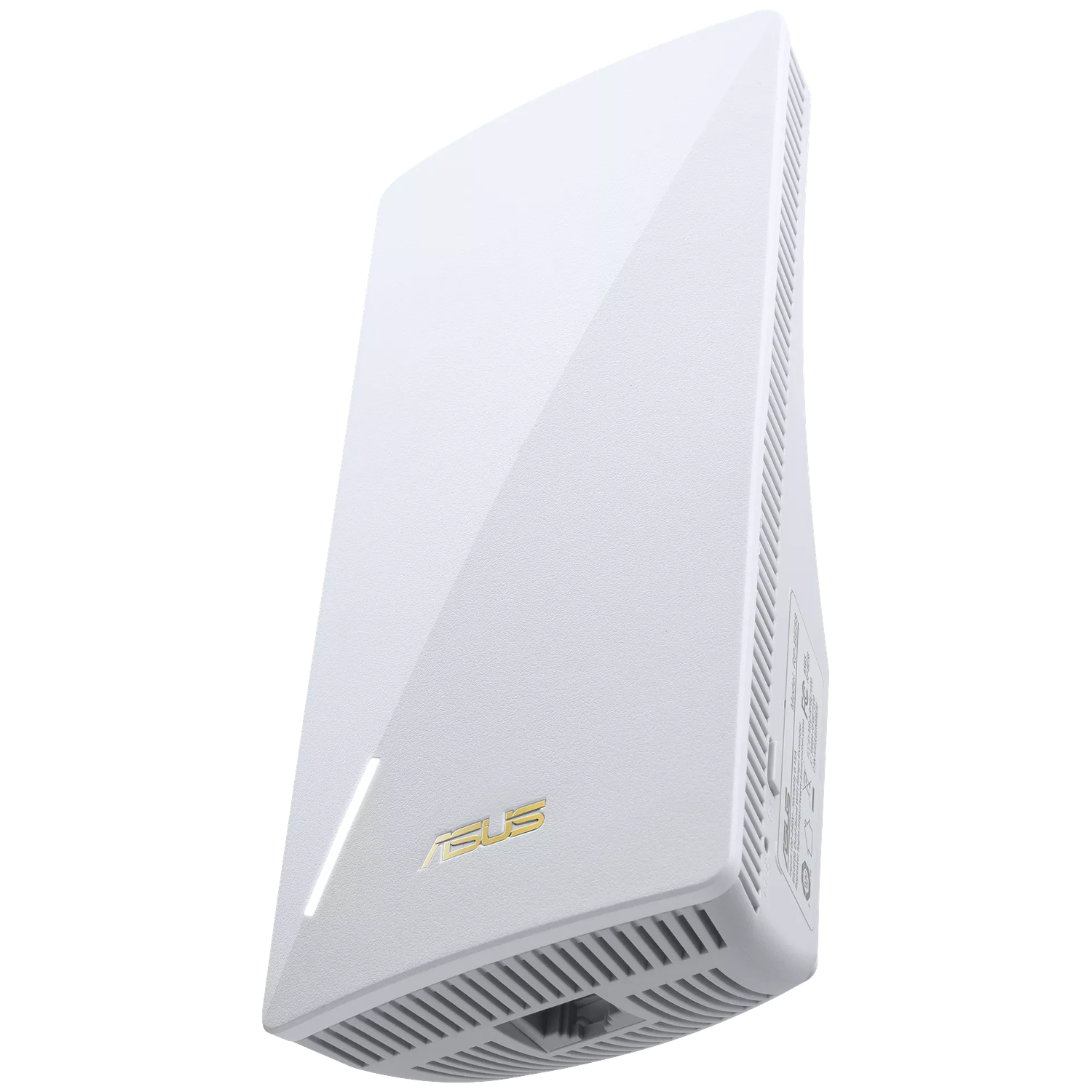White ASUS router with gold logo and a glowing white line on a black background.
