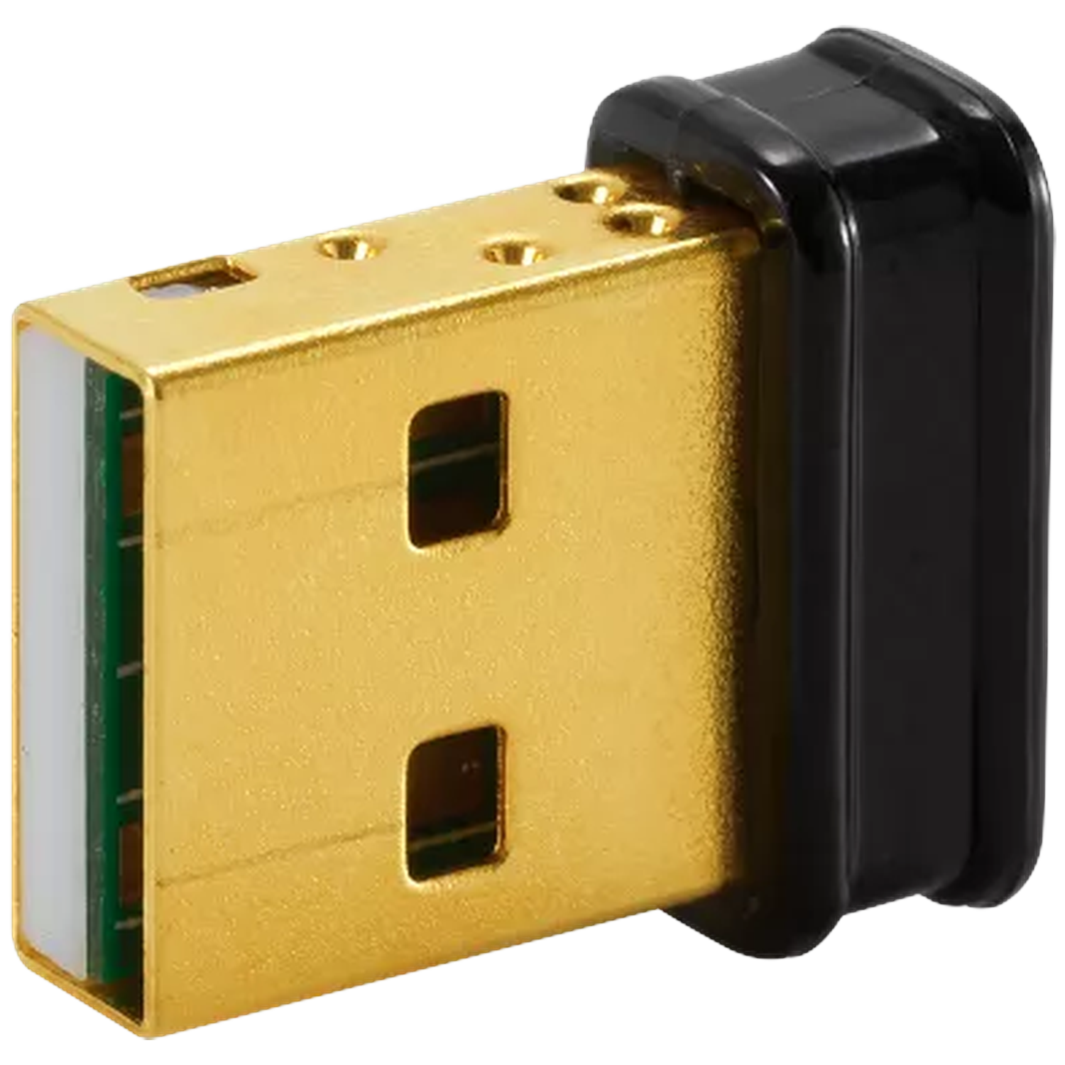 A gold USB stick with a black connector on a black background.