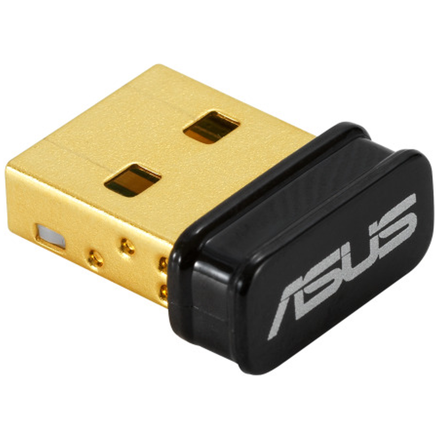 Gold USB dongle with black ASUS logo end, detailed view.