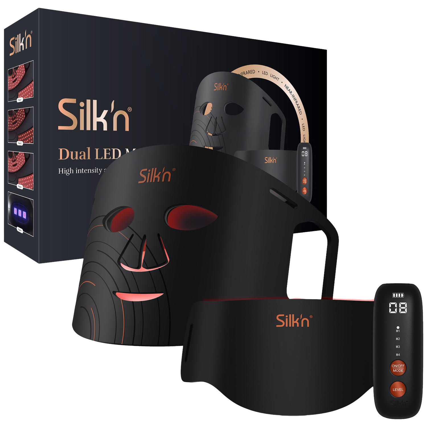 Zwart LED gezichtsmasker met rood licht en controller, op zwarte achtergrond.