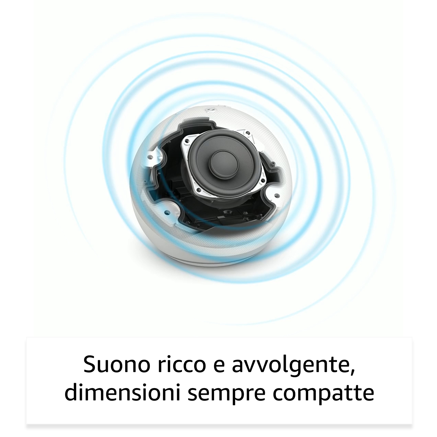 Un altoparlante bianco con altoparlante interno esposto, circondato da onde sonore blu.