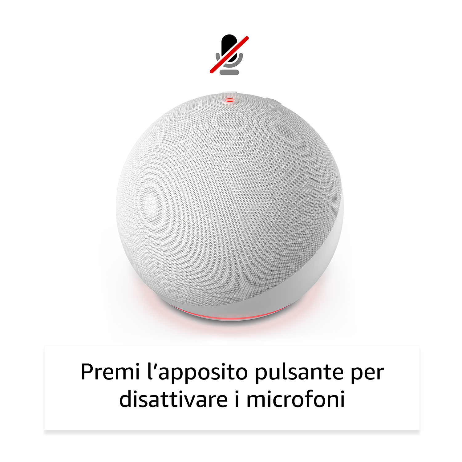 Uno smart speaker bianco con icona microfono spento e anello rosso.