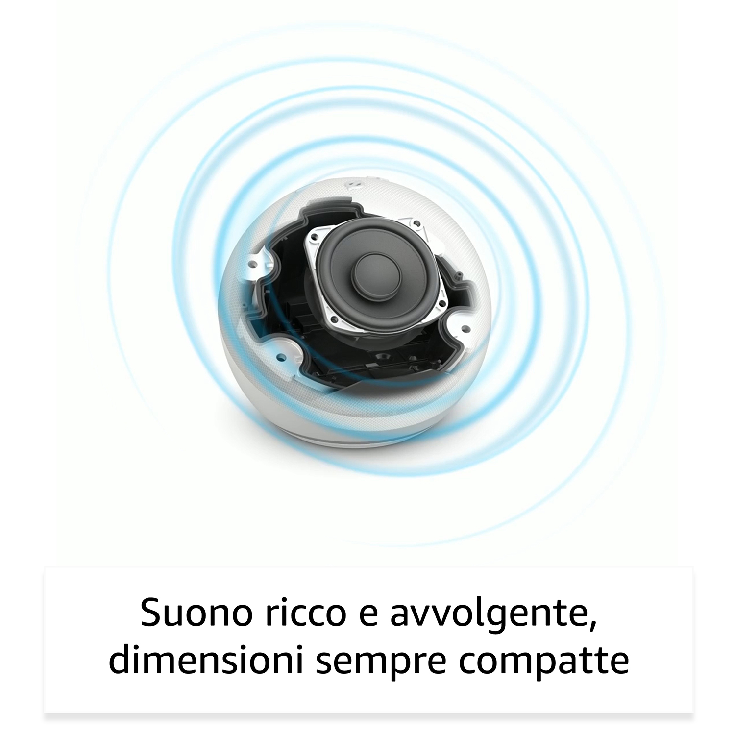 Un altoparlante bianco con driver esposto e onde sonore blu.