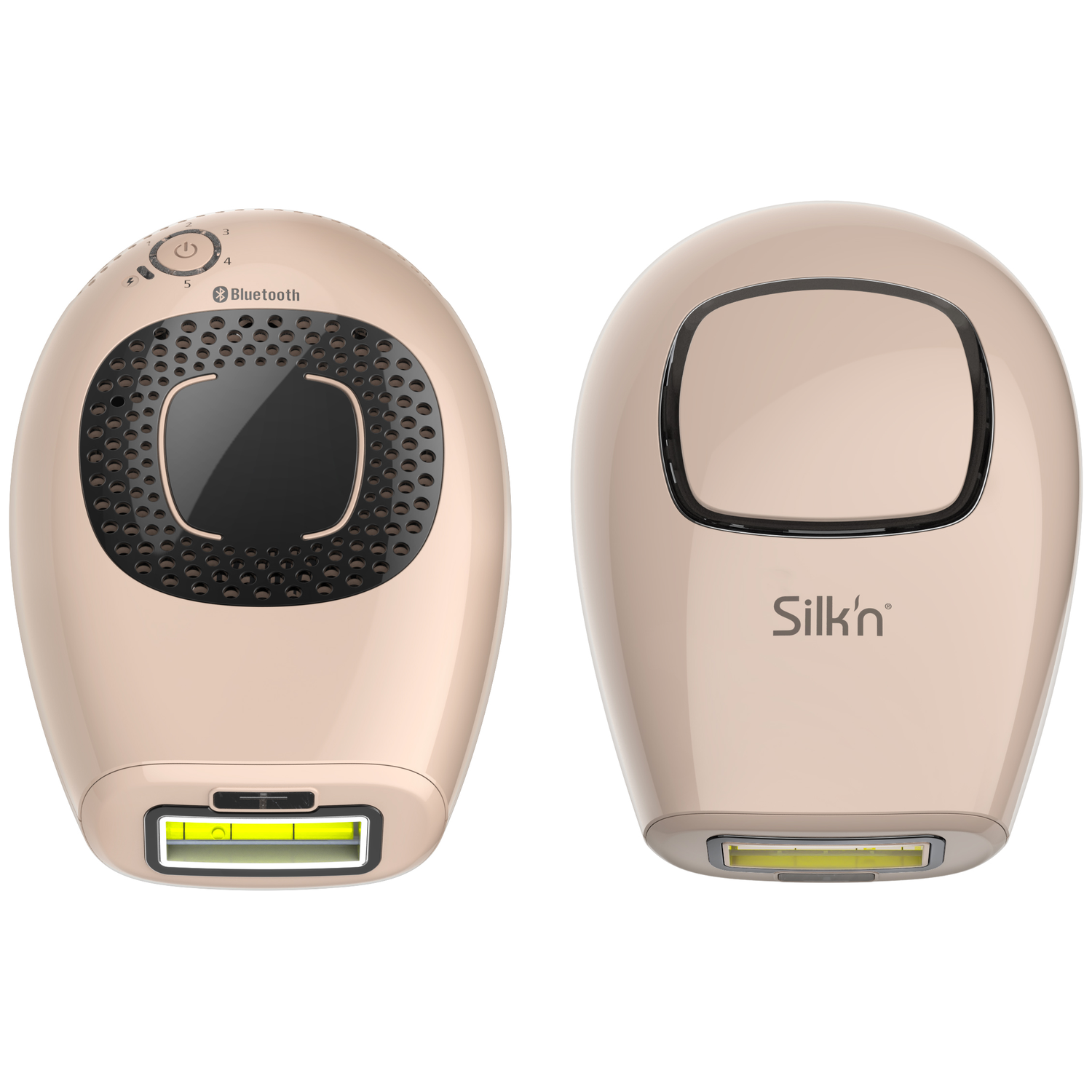 Two views of a rose-gold hair removal device with vents and a light window.