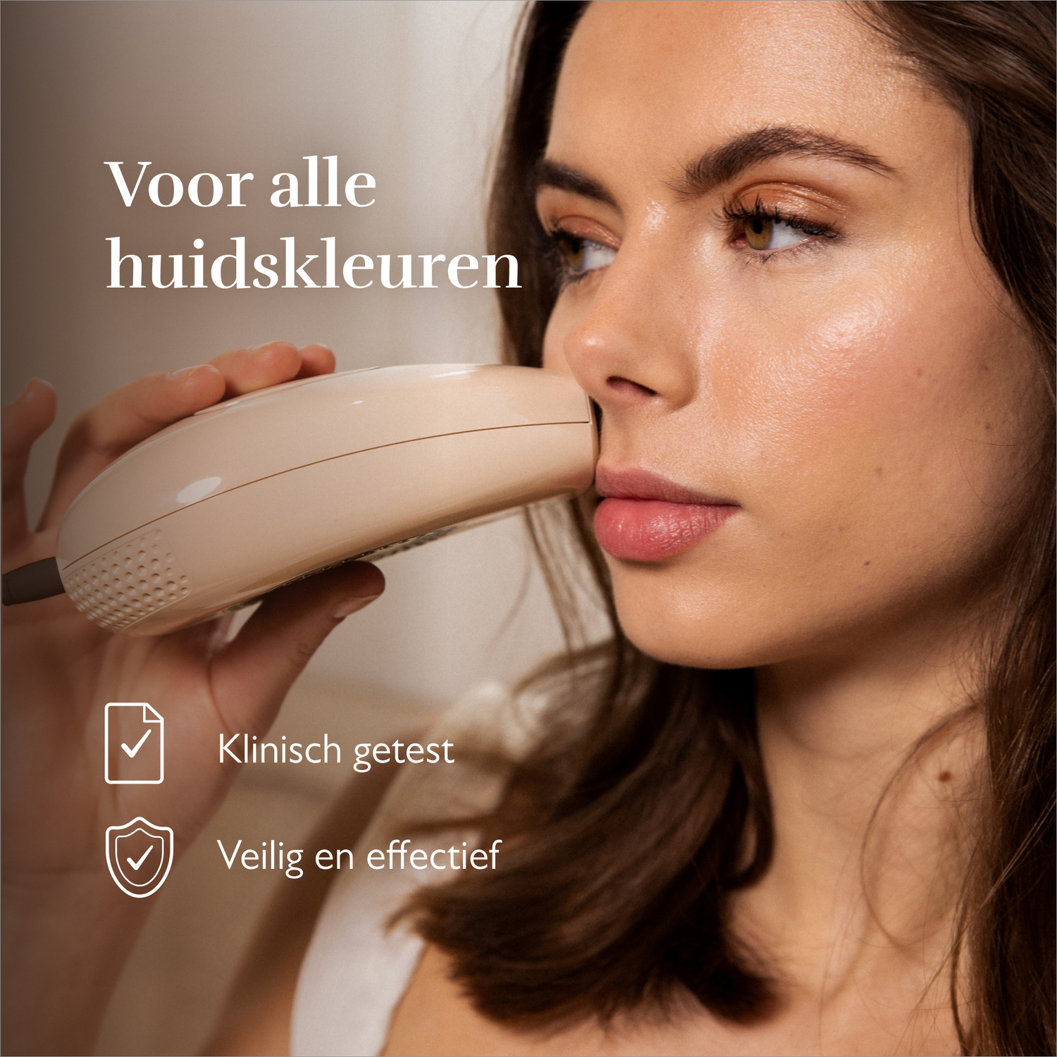 A woman uses a skincare device. Text: For all skin tones, clinically tested.