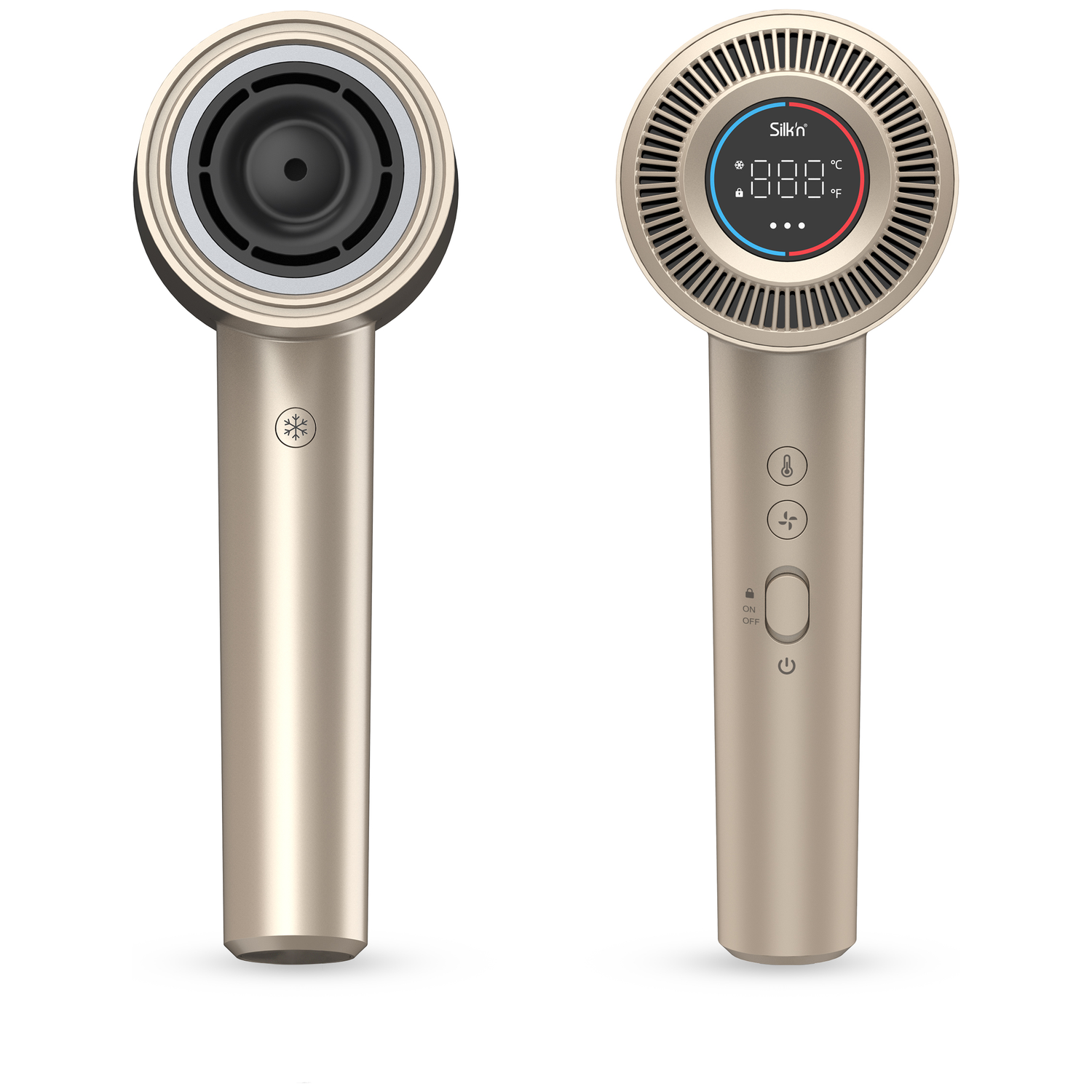 Twee gouden haardrogers, voor- en achterkant, met digitaal display.