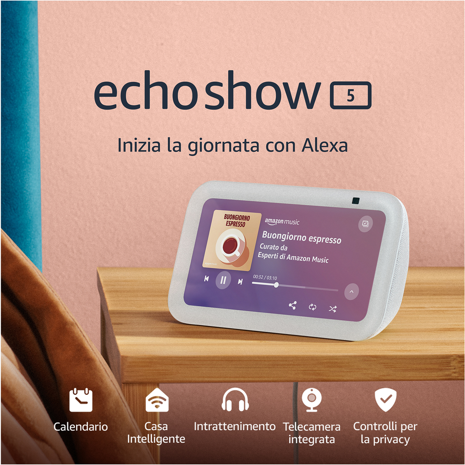 Echo Show 5 con Alexa che riproduce musica. Icone per Calendario, Casa Intelligente, Intrattenimento, Telecamera, Privacy.