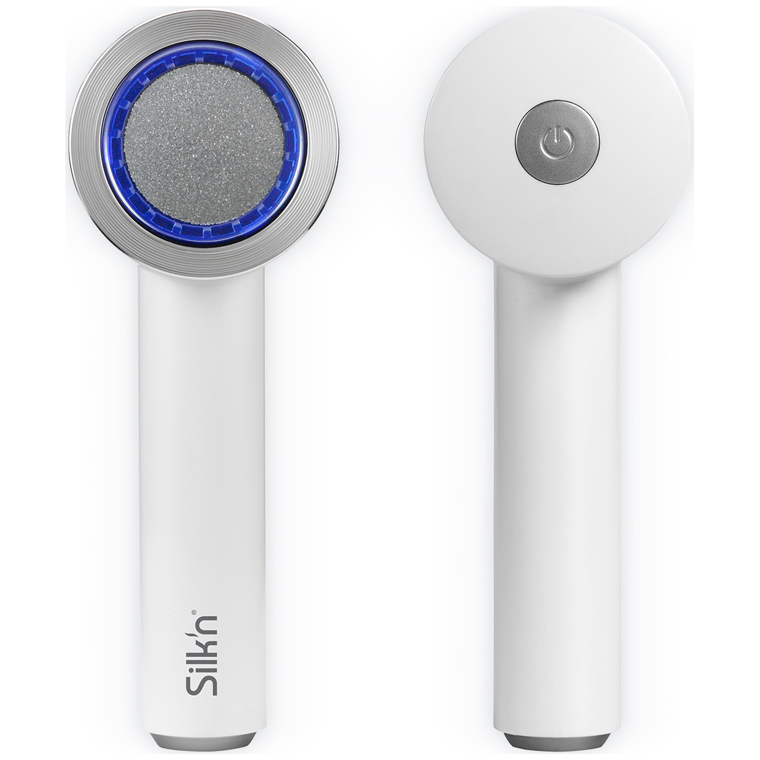 Two white electric callus removers side by side. One shows the metal roller.