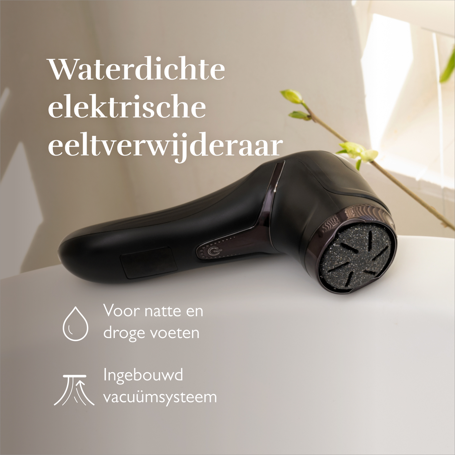 Black electric callus remover with grinding head, for dry and wet feet.