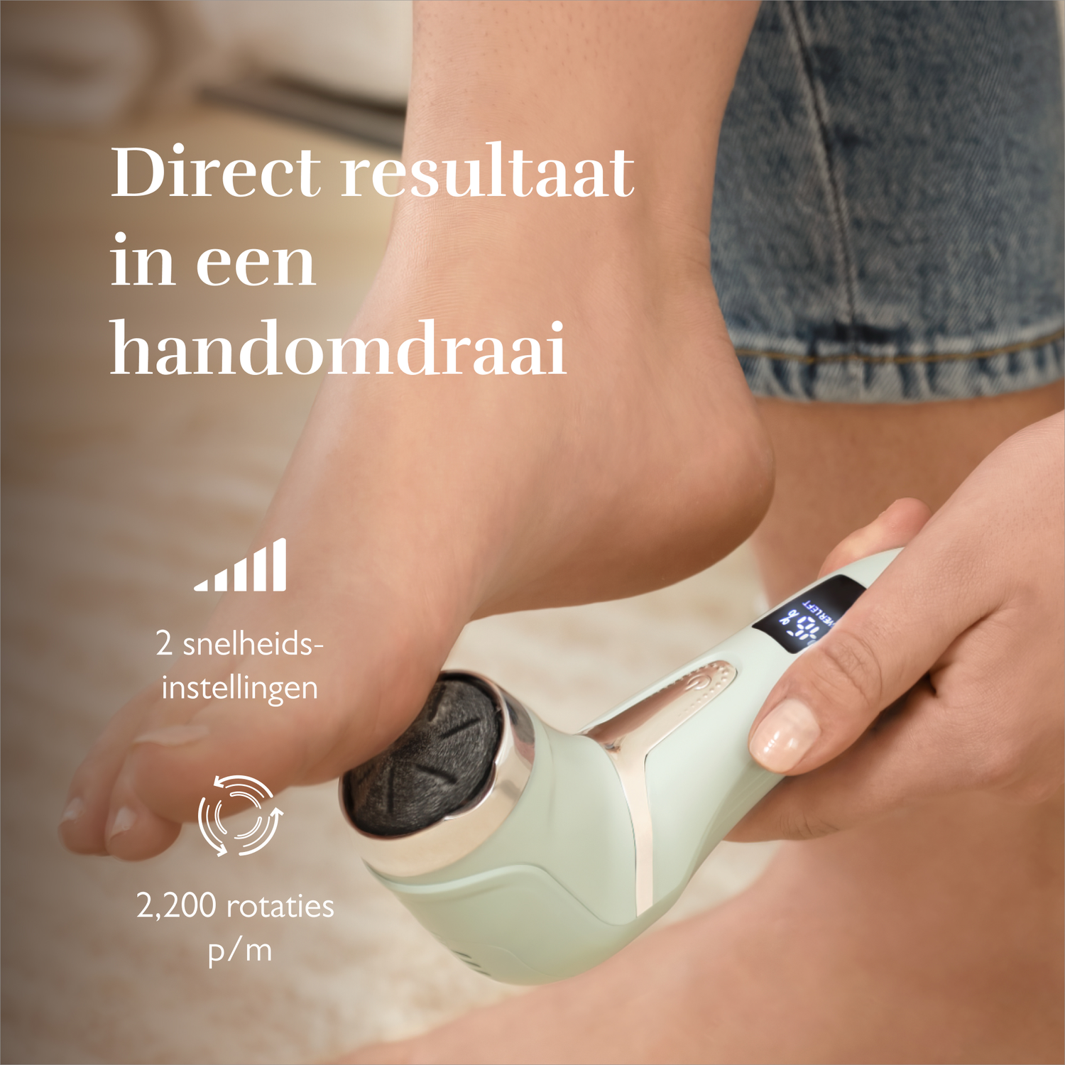 Person uses electric foot file with 2 speeds and 2200 rpm.