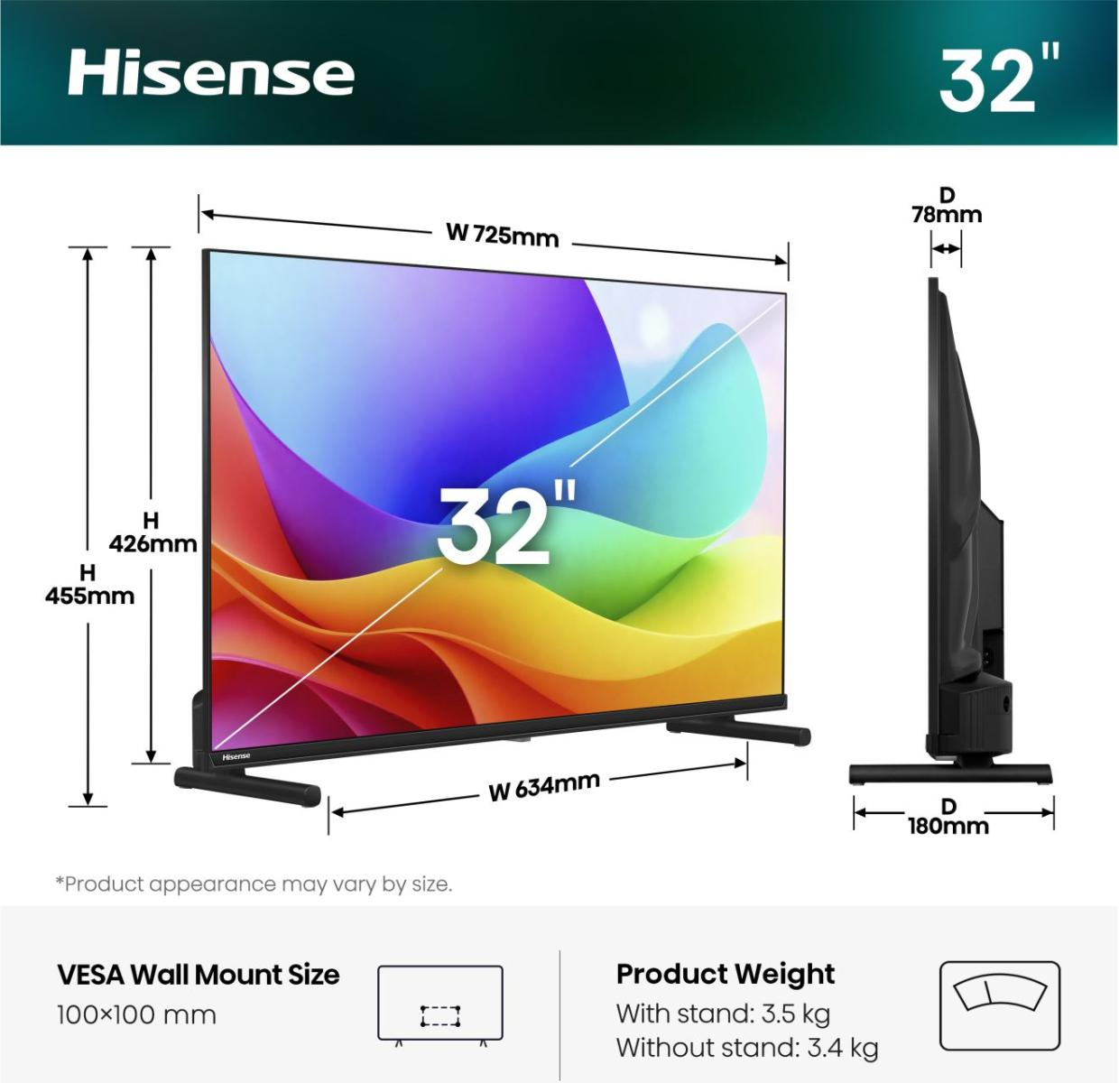 Ein 32-Zoll Hisense-Fernseher mit Abmessungen und Gewicht.