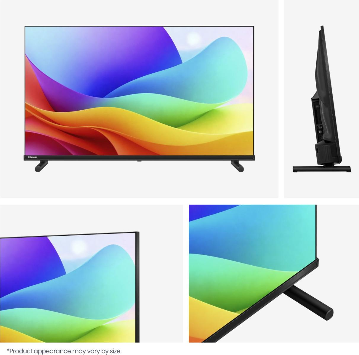 Ein moderner Hisense-Fernseher mit bunten abstrakten Wellen auf dem Bildschirm und einem schmalen Rahmen.