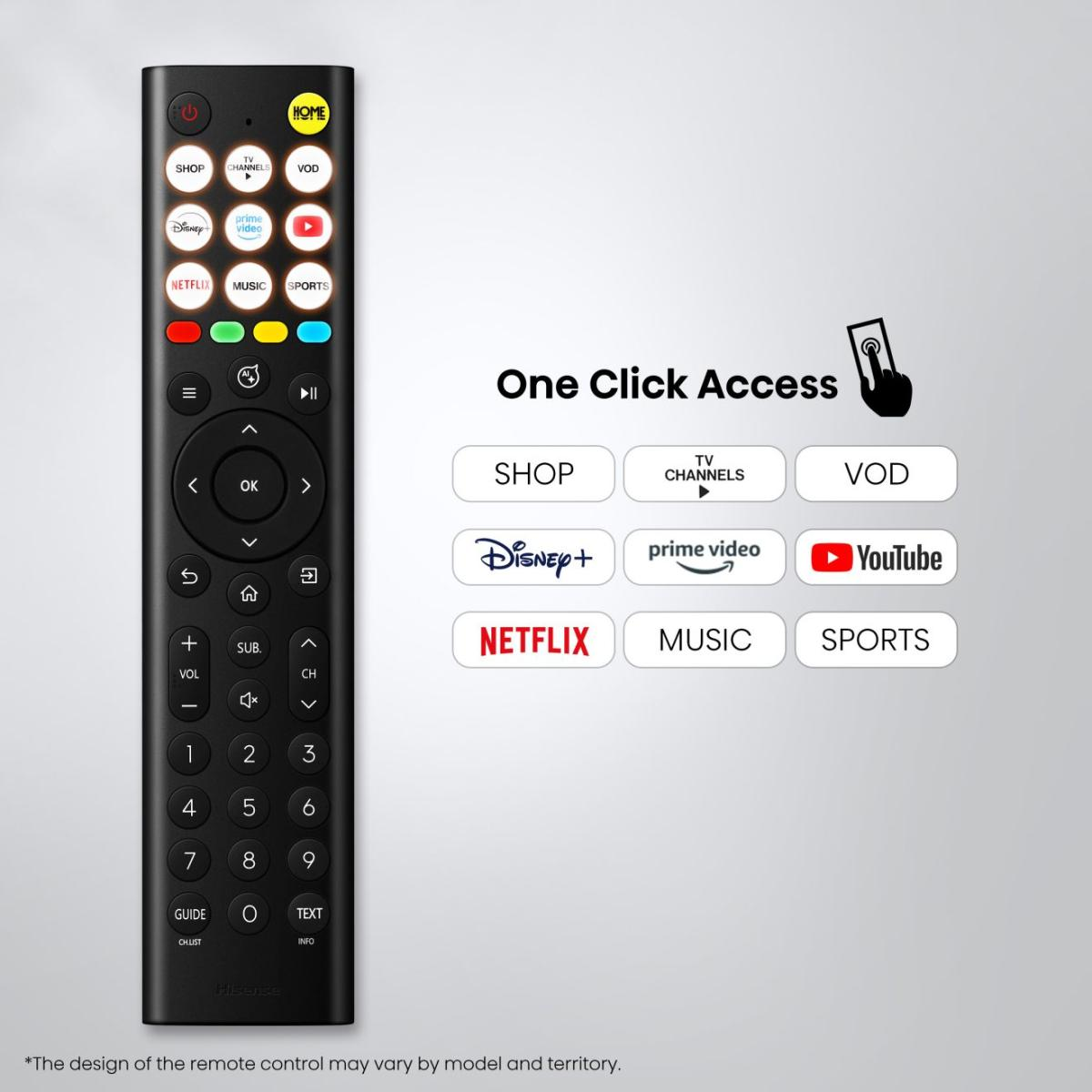 Schwarze Fernbedienung mit Tasten für Shop, Disney+, Netflix, Musik, Sport und mehr.