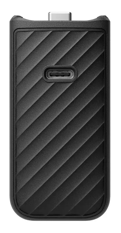 Czarno-prostokątne urządzenie z rowkowaną teksturą i portami USB-C.