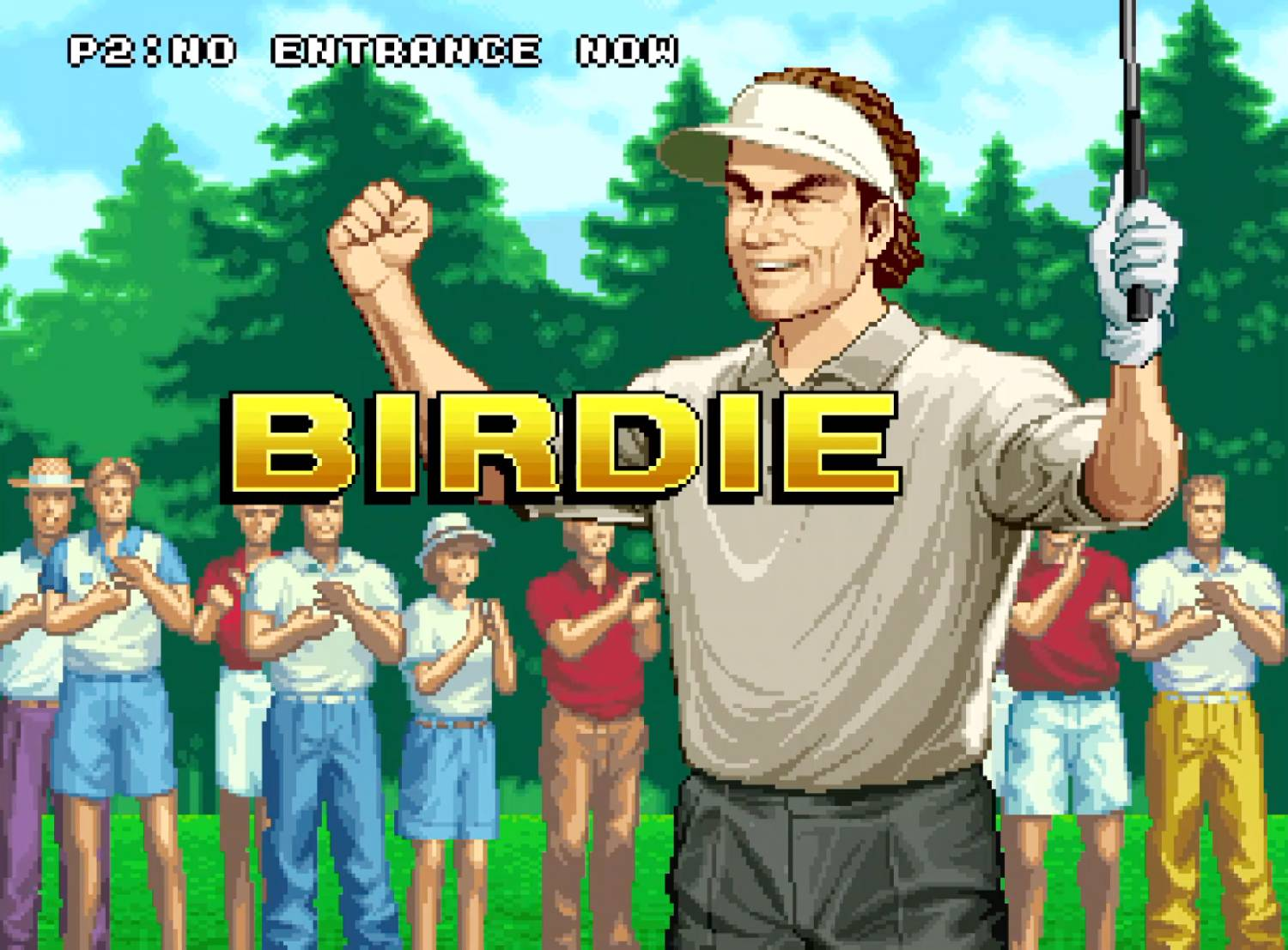 Un golfista levanta el puño sobre la palabra "BIRDIE". Varios jugadores están al fondo.