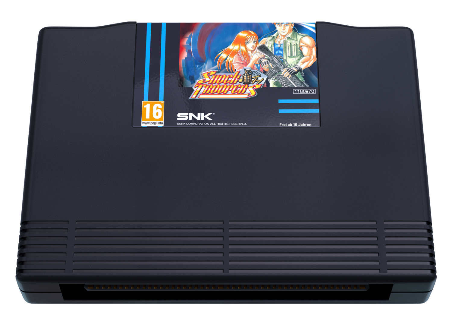 Cartucho de juego SNK Neo Geo oscuro con etiqueta Shock Troopers y clasificación 16.