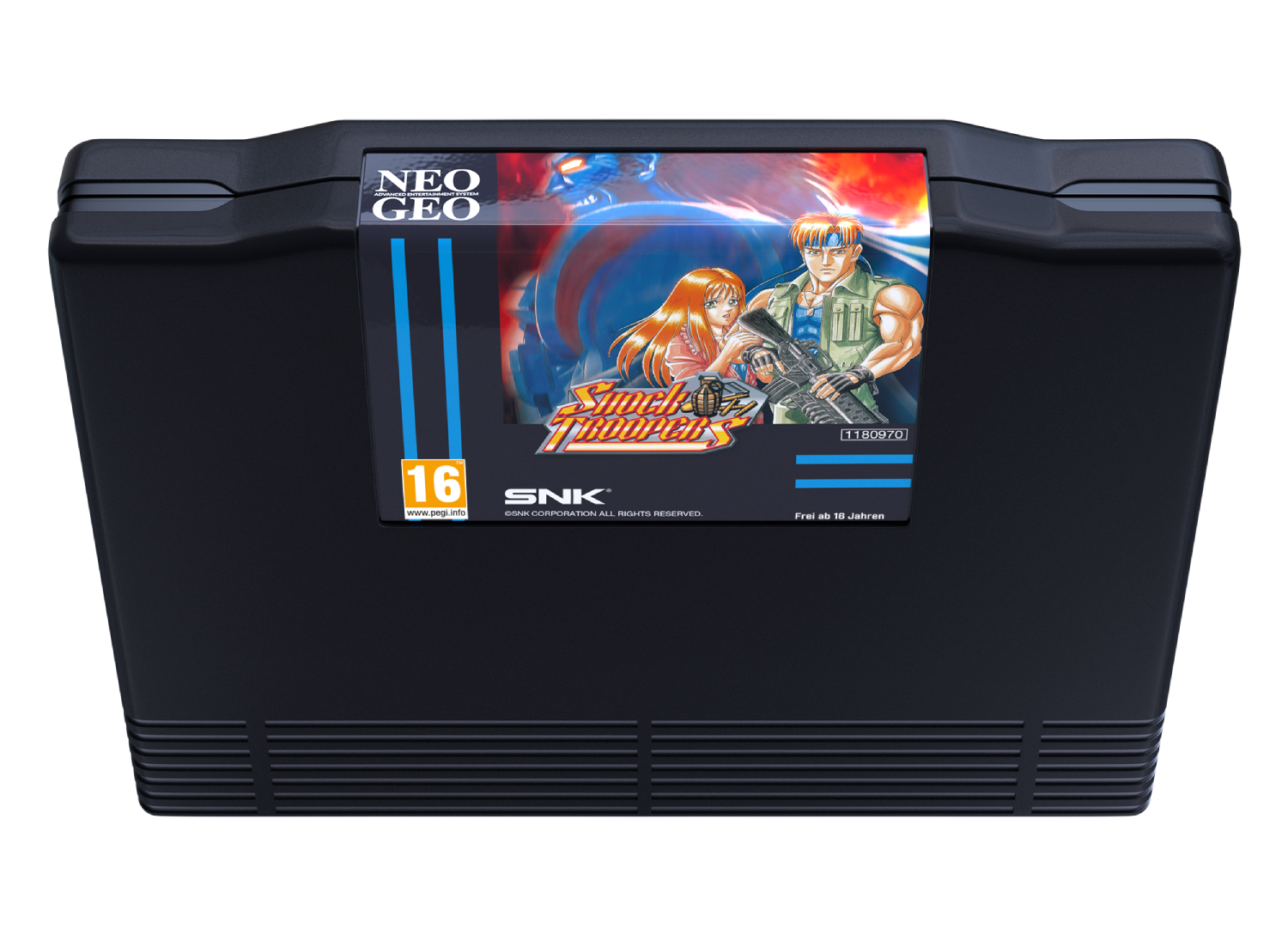 Un cartucho de juego negro con la portada de "Shock Troopers" y clasificación de 16 años.