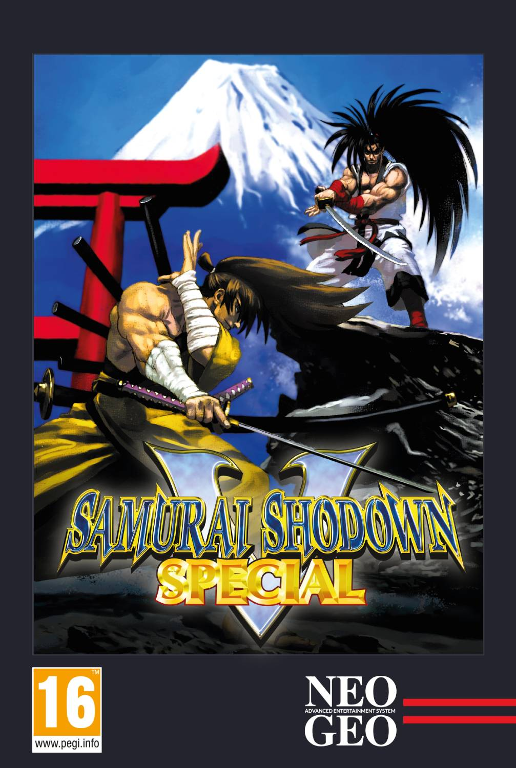 Dos samuráis luchan ante una puerta torii y el monte Fuji. Póster de juego.