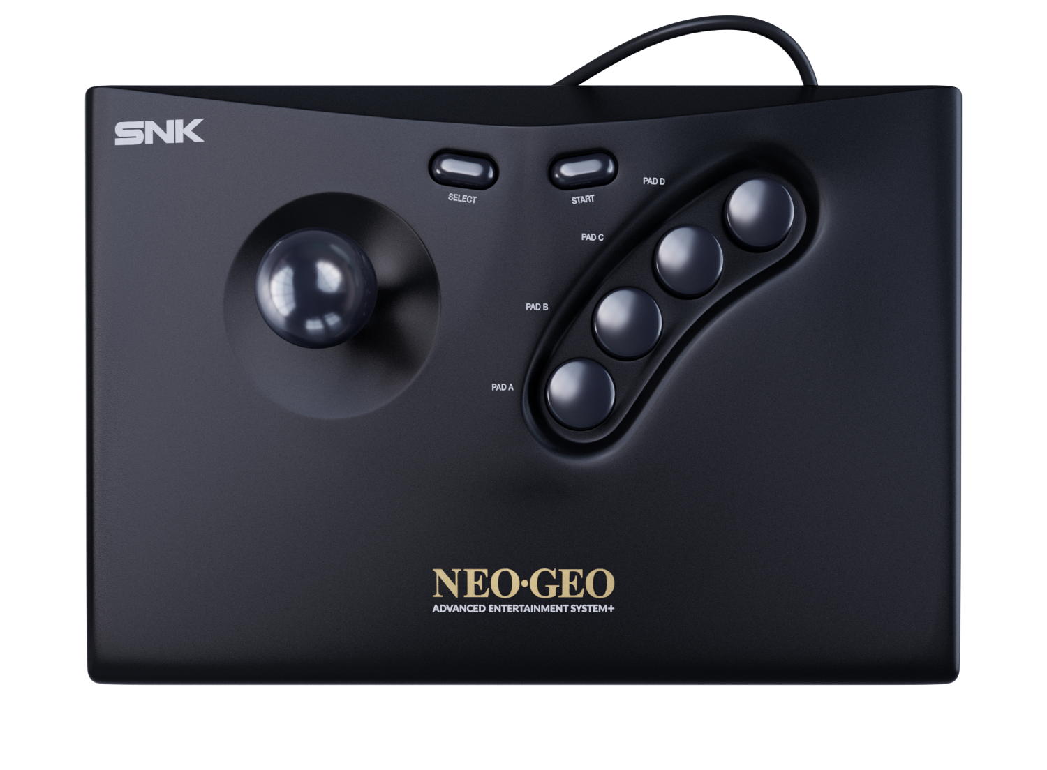 Joystick SNK Neo Geo negro con joystick de bola y 4 botones de acción.
