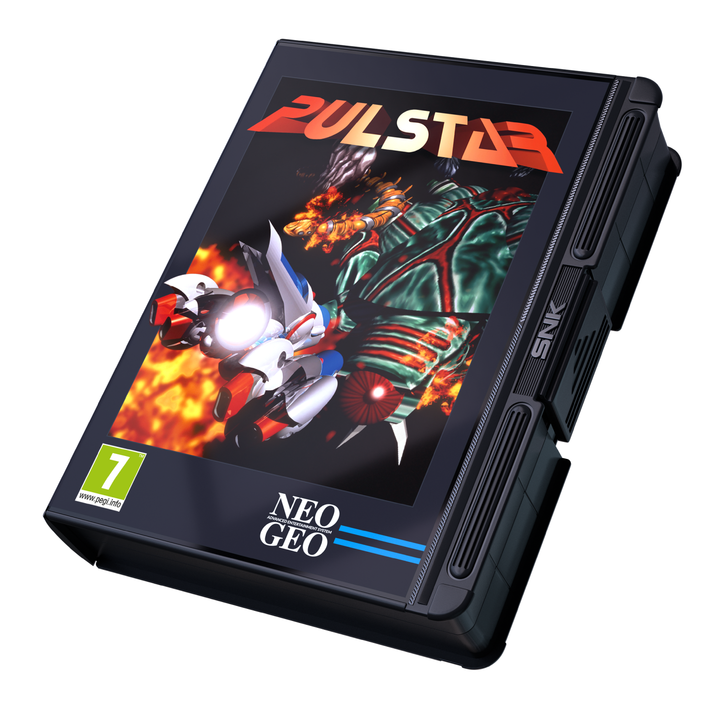 Estuche de juego Neo Geo PULSTAR con arte de robot y vehículo en llamas. Calificado 7.