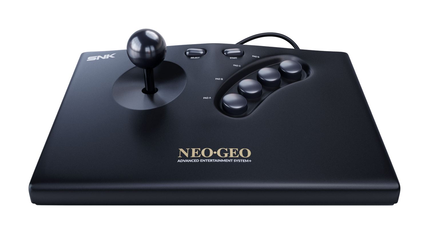 Un joystick arcade SNK Neo-Geo negro con cuatro botones y un joystick.