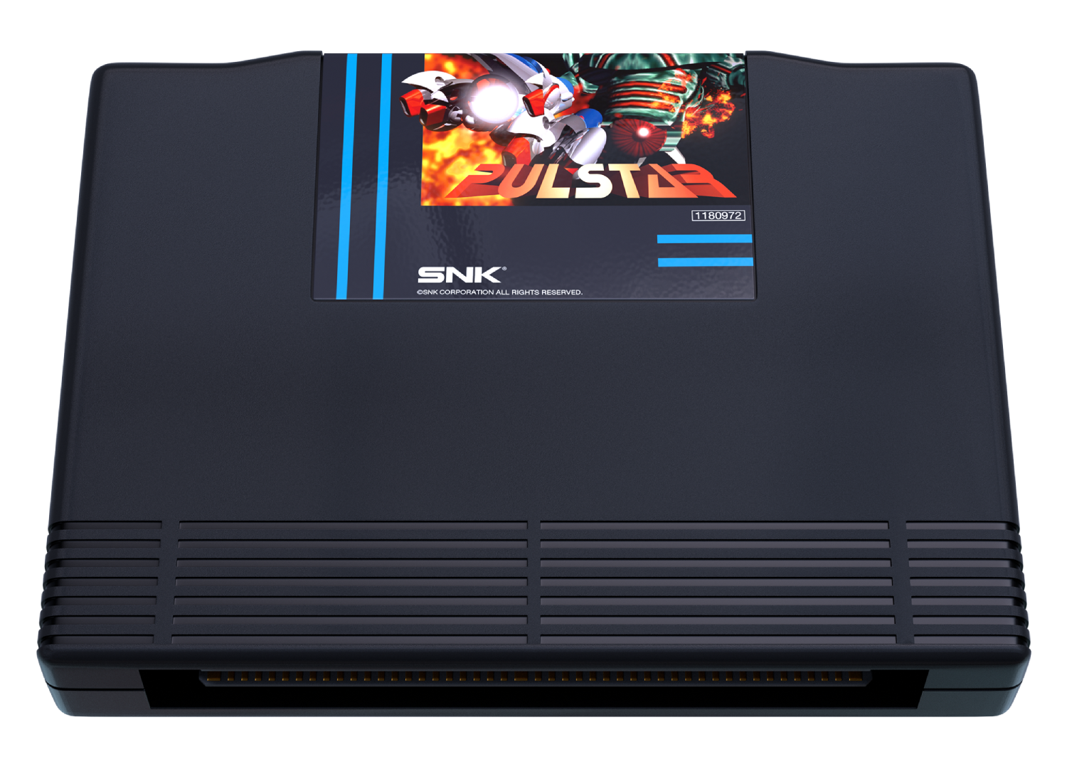 Cartucho de juego oscuro con logo SNK y etiqueta "PULSTAR" con arte de robot.