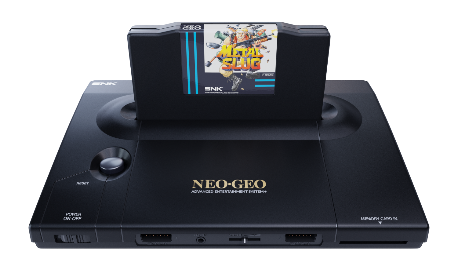 Sistema de juego Neo Geo negro con cartucho Metal Slug insertado, sobre fondo negro.