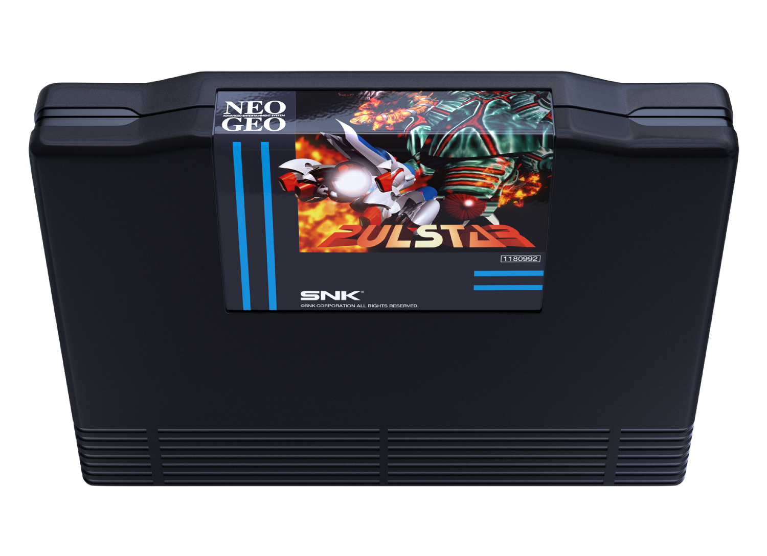 Cartucho de juego Neo Geo negro con etiqueta "PULSTAR" y arte de robot.