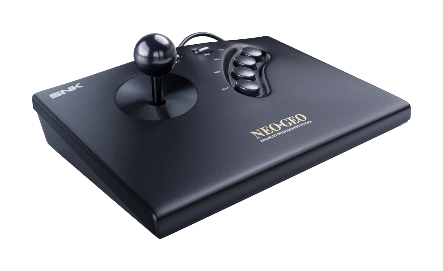 Joystick negro con logo plateado SNK y letras NEO-GEO.