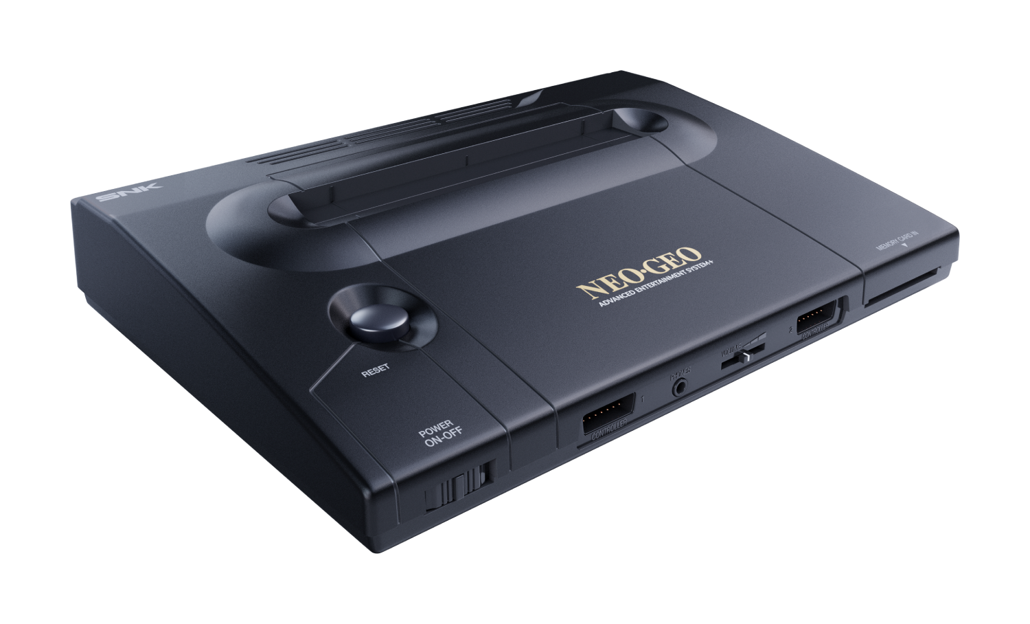 Un sistema de entretenimiento avanzado SNK Neo Geo oscuro con botones de reinicio y encendido.