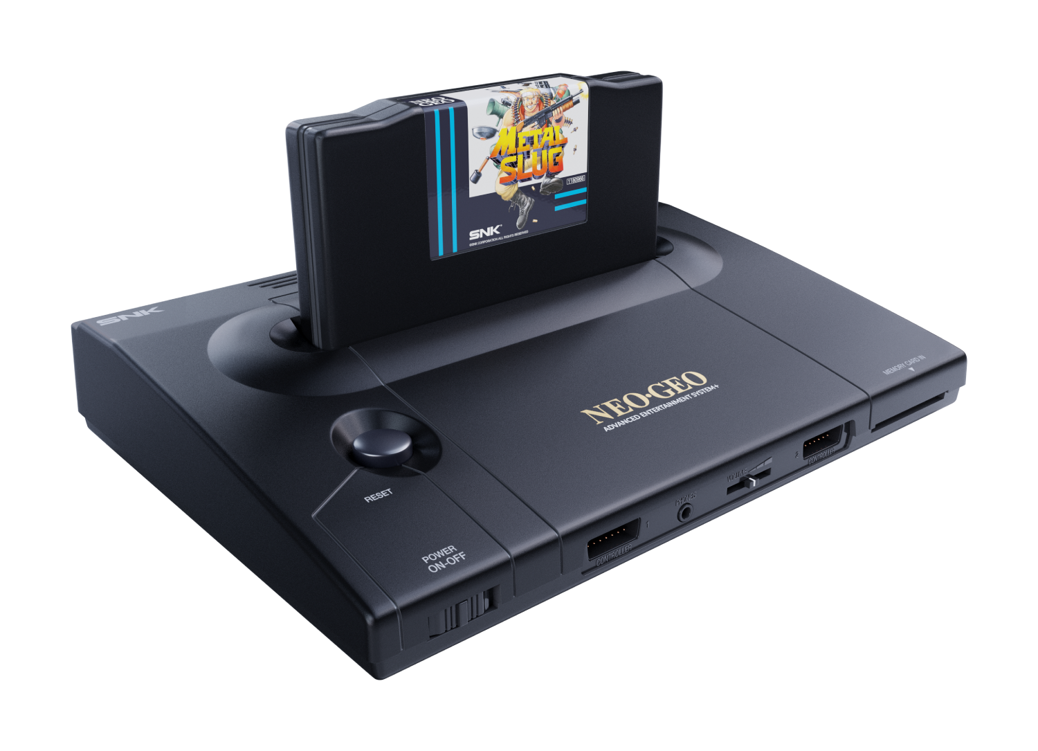 Un sistema de juego Neo Geo negro con un cartucho Metal Slug insertado.