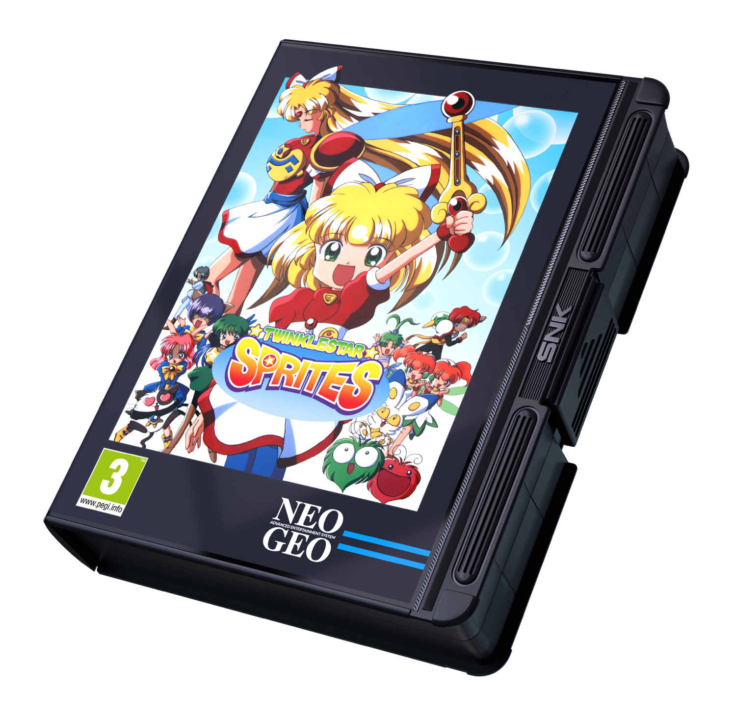 Un cartucho de juego Neo Geo Twinkle Star Sprites con personajes de anime y calificación PEGI 3.