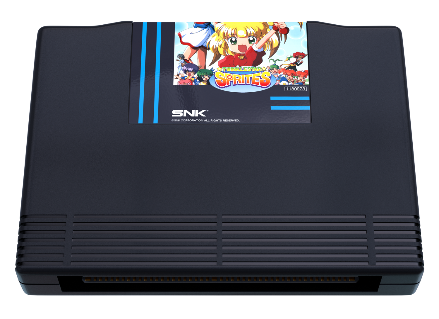 Cartucho de juego oscuro con etiqueta de anime: Twinkle Star Sprites de SNK.