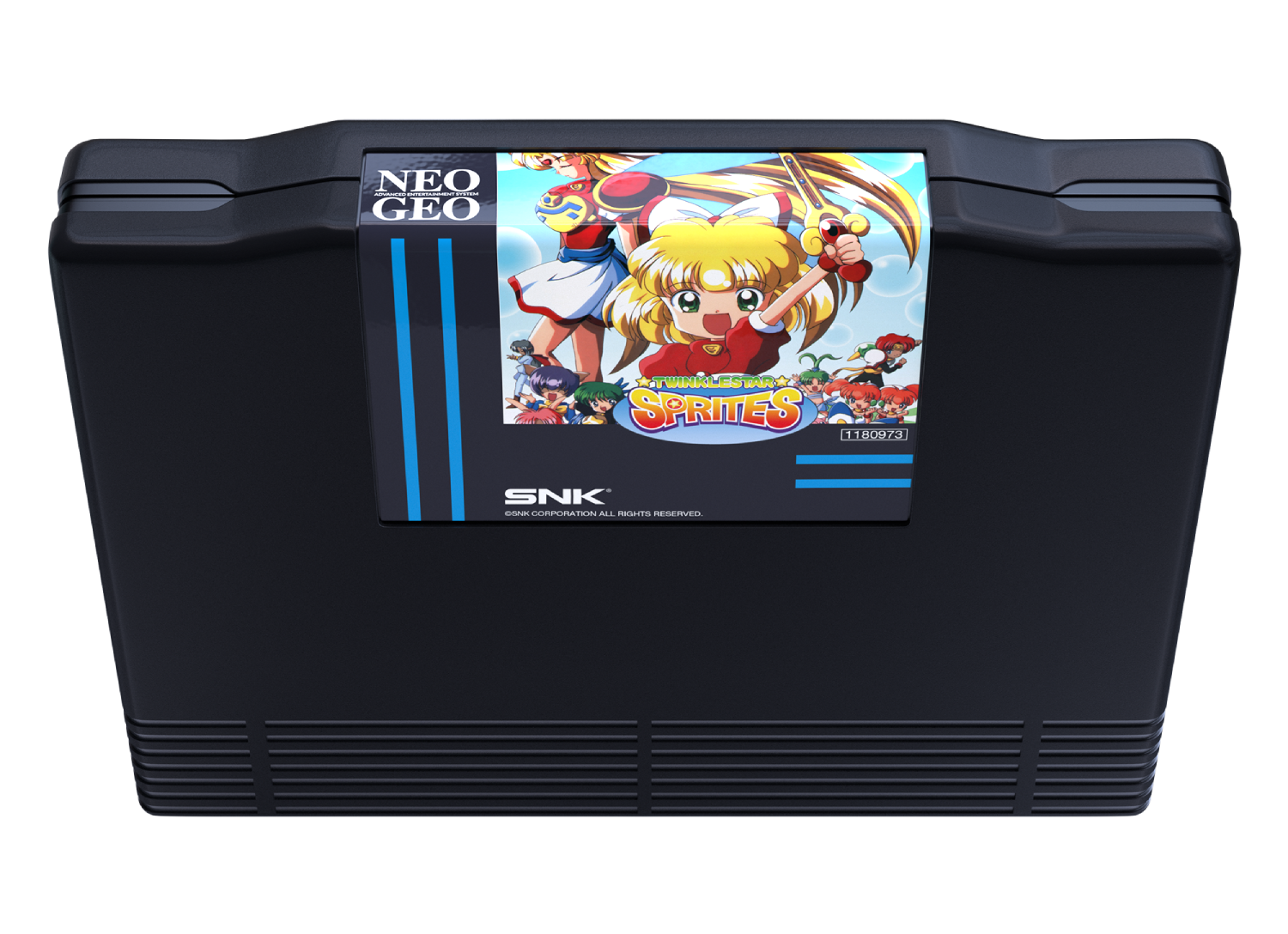 Cartucho de juego Neo Geo negro con etiqueta "Twinkle Star Sprites", con personajes de anime.