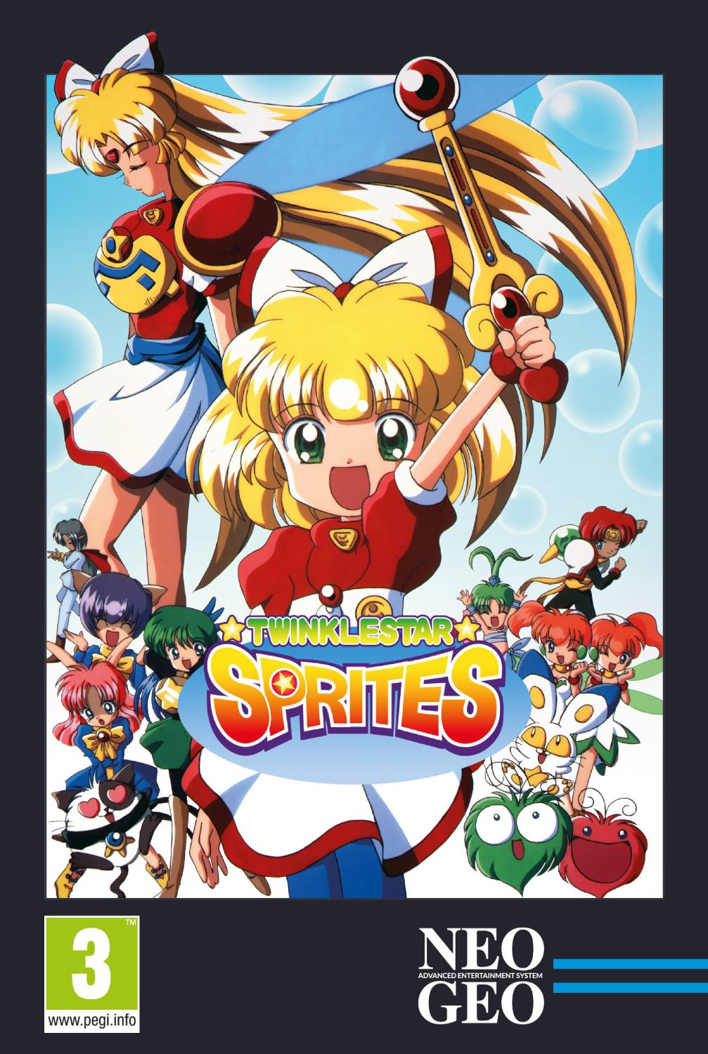 Personajes de anime con espadas y varitas mágicas, portada del juego.