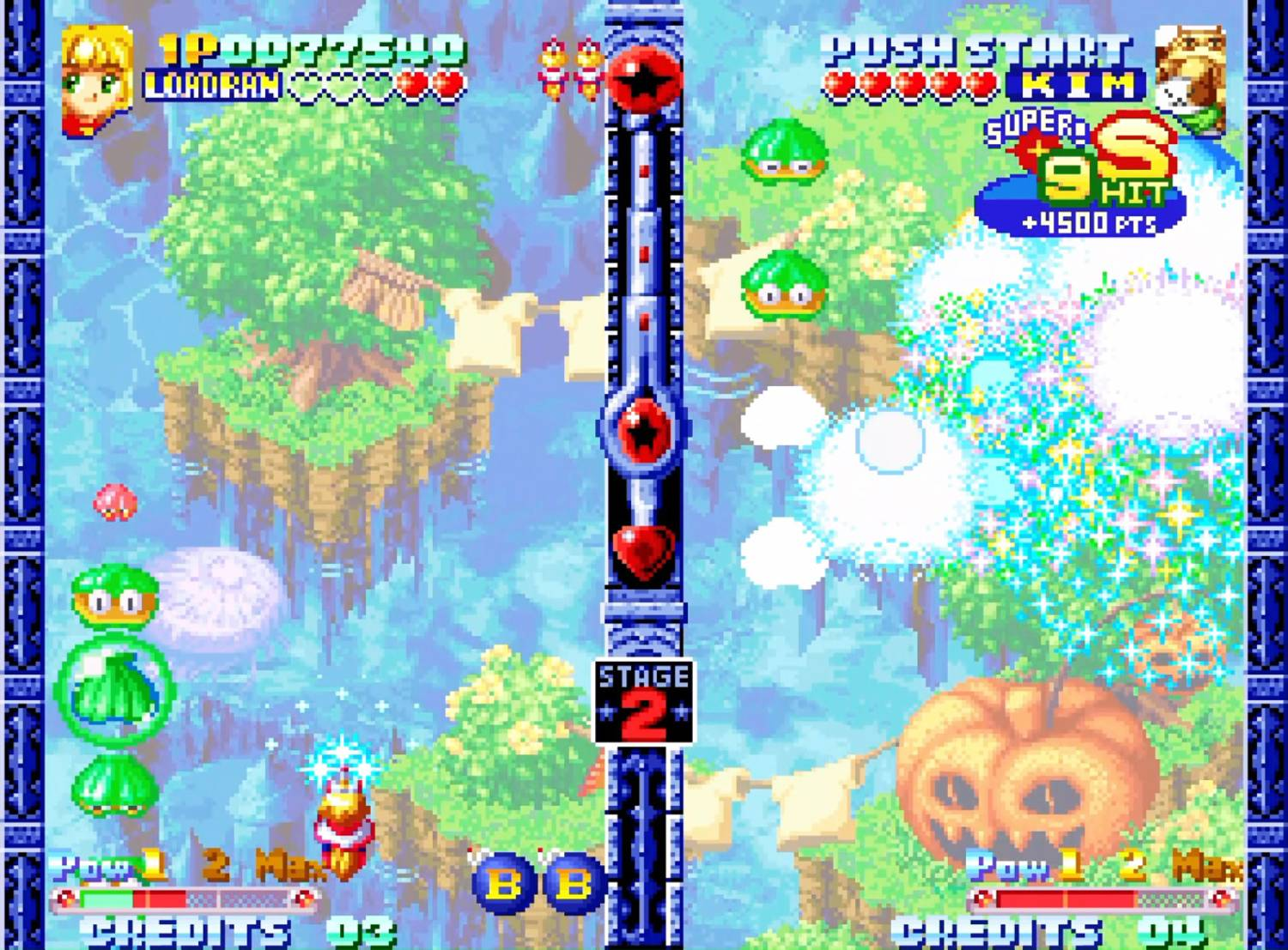 Juego arcade para dos jugadores, islas flotantes, enemigos verdes y una calabaza.