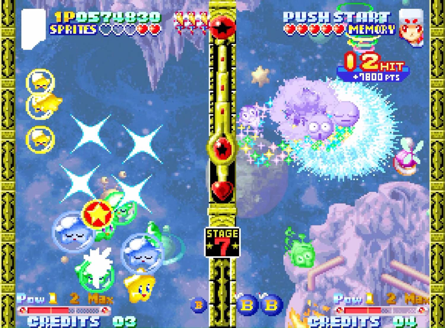 Un juego arcade 2D de temática espacial con personajes coloridos.