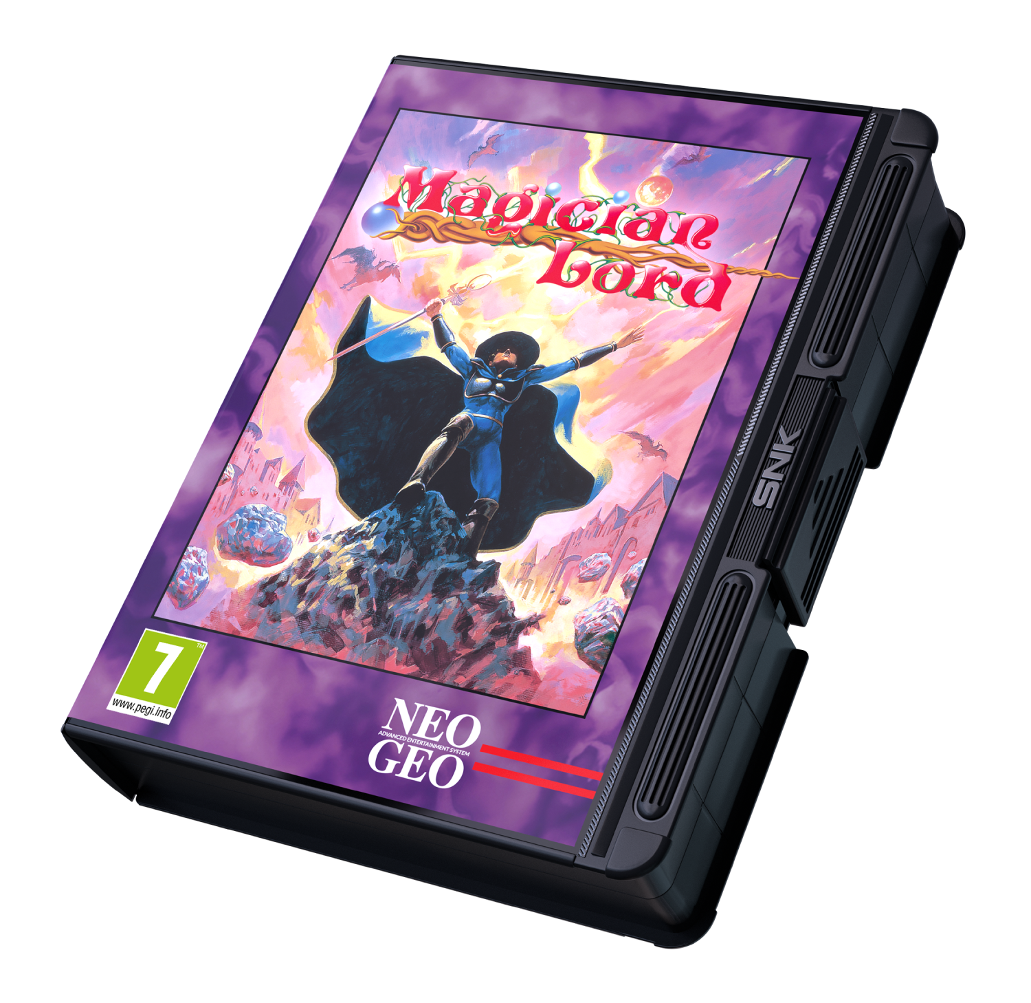 Portada del juego Magician Lord Neo Geo: mago en una roca, cielo morado, castillos y criaturas voladoras.
