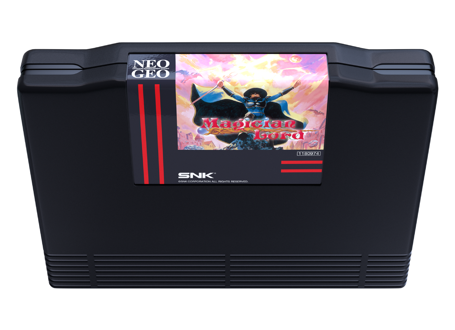 Cartucho de juego Neo Geo negro con etiqueta "Magician Lord", muestra un mago.