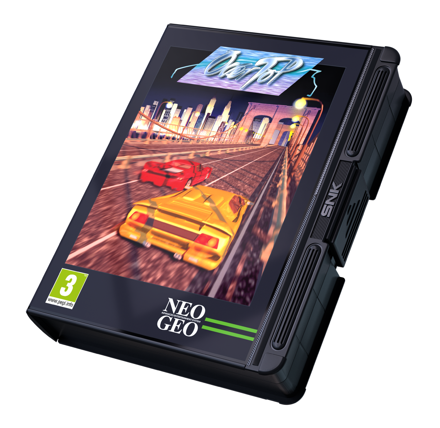 El juego Neo Geo "Over Top" muestra coches amarillos y rojos compitiendo en un puente.