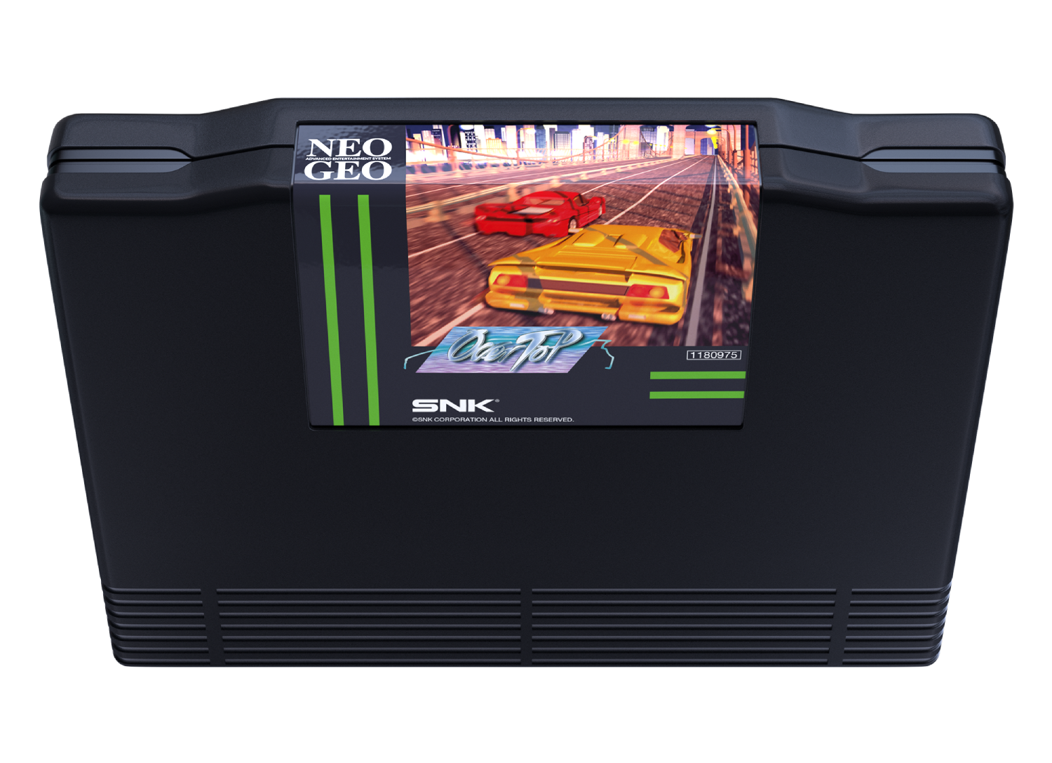 Cartucho Neo Geo negro con arte de juego de carreras: coches amarillo y rojo en carretera.