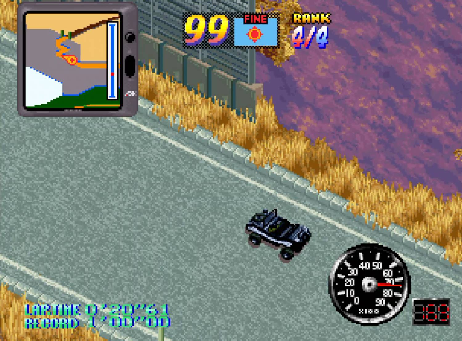 Juego de carreras: Un buggy negro en una carretera con velocímetro y minimapa.