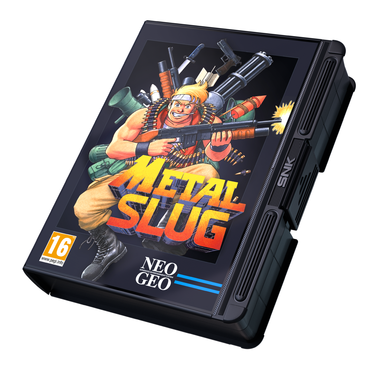 Funda del juego Metal Slug Neo Geo con un soldado y armas.