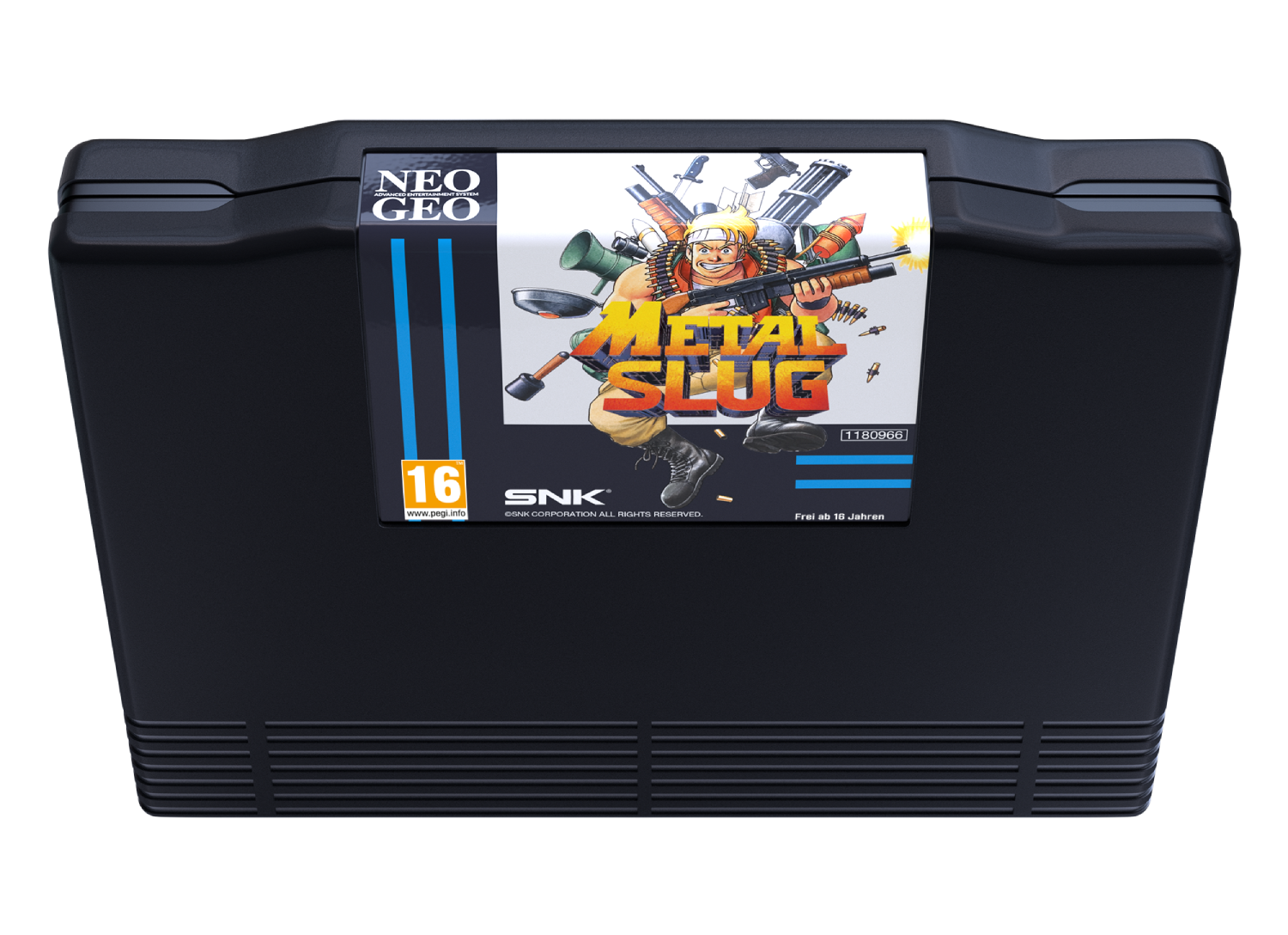 Un cartucho de juego negro con la carátula de "Metal Slug" para Neo Geo. Un personaje con un arma.