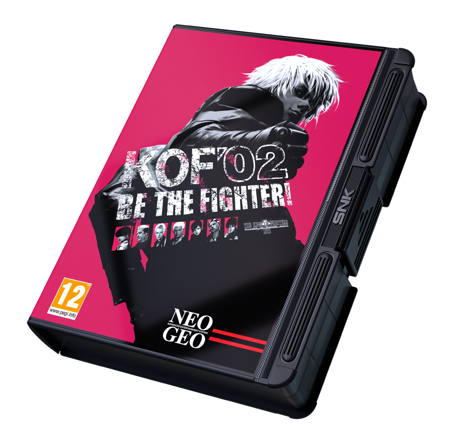 Caja del juego KOF 02 con arte de luchador y logo SNK sobre fondo negro.