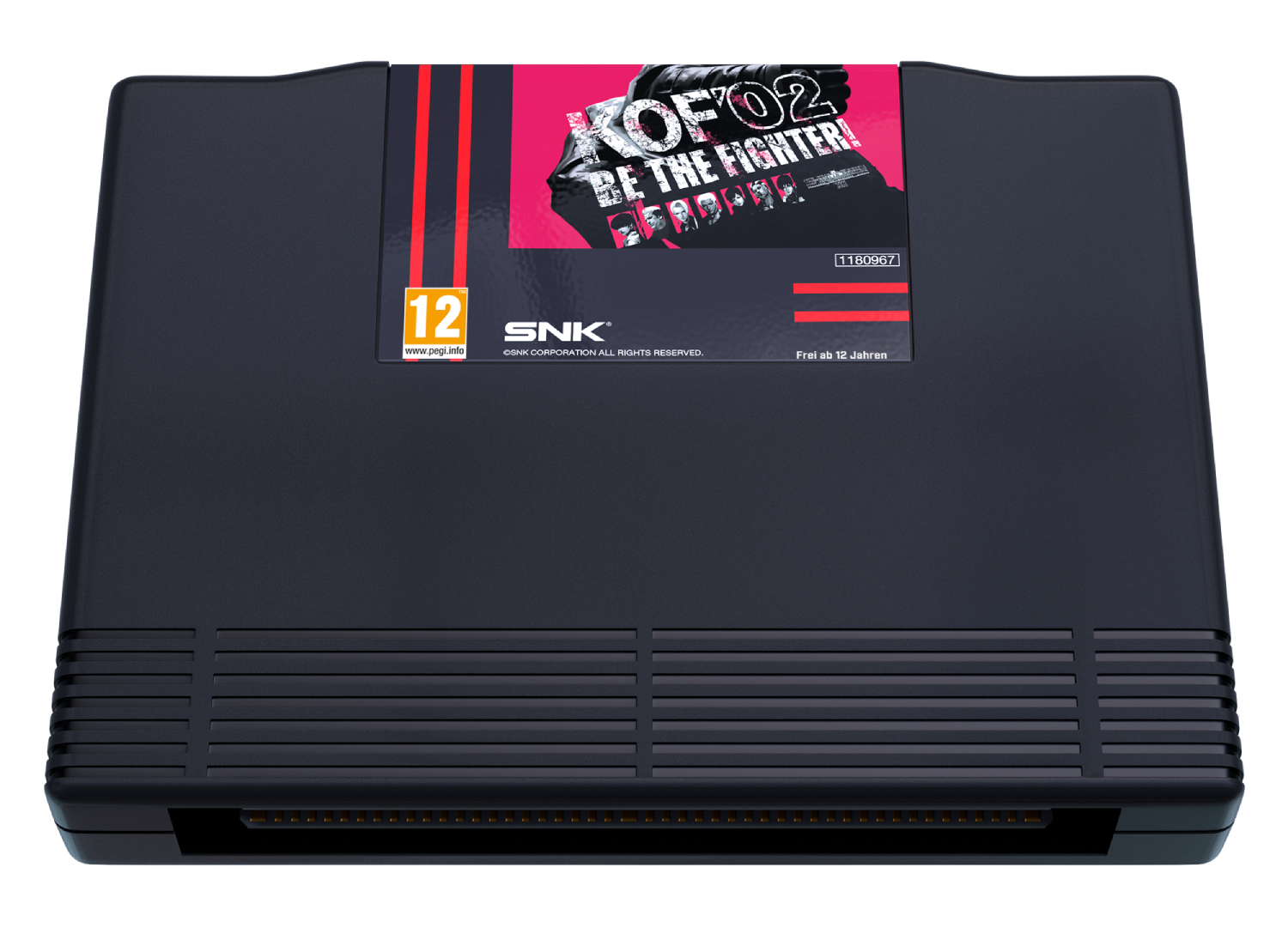Un cartucho de juego negro con la etiqueta 'KOF'02 BE THE FIGHTER!' y clasificación PEGI 12.