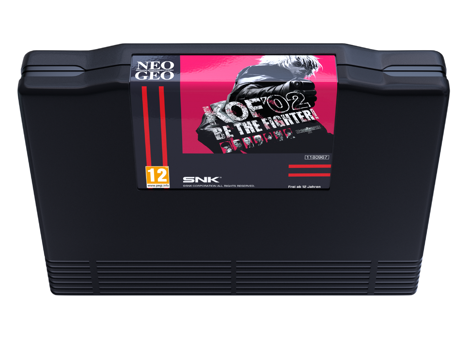 Cartucho de juego Neo Geo negro con arte de portada de KOF '02. Calificación 12.
