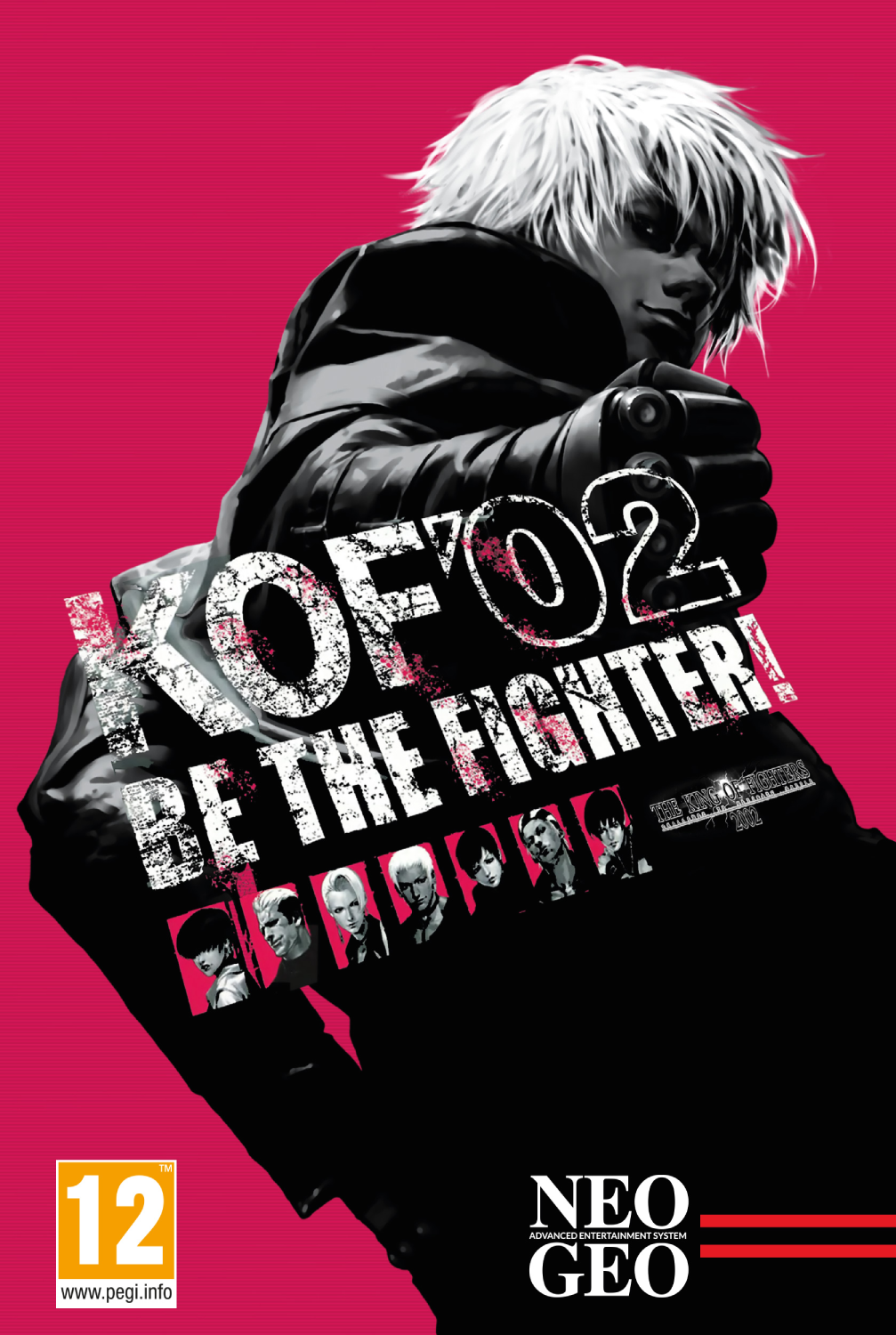 Hombre de pelo blanco apunta con un arma, texto KOF 02, personajes, PEGI 12.