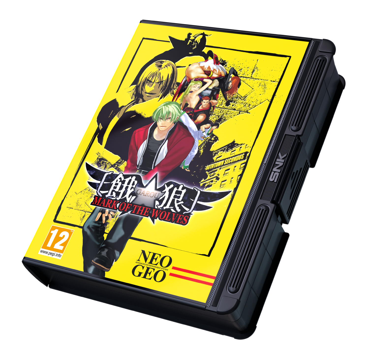 Juego Neo Geo "Garou: Mark of the Wolves" con personajes de anime en portada amarilla.