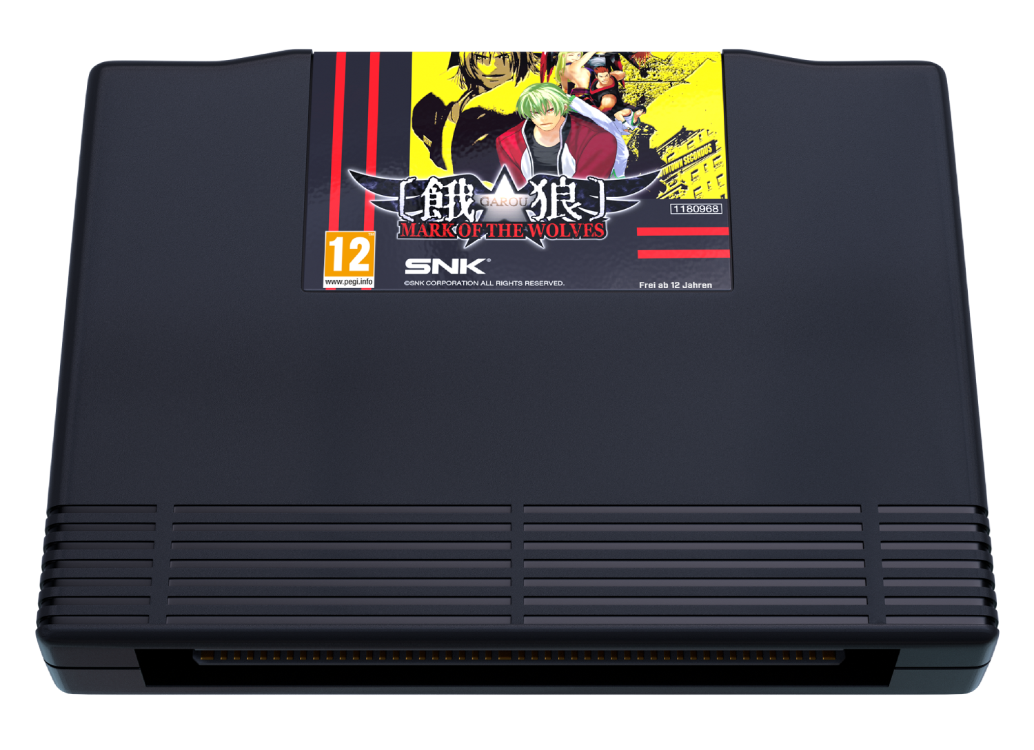 Un cartucho de juego negro con la etiqueta 'Garou: Mark of the Wolves'.